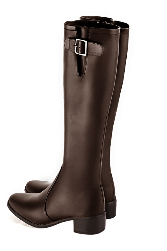 Dark brown women's knee-high boots with buckles. Round toe. Low leather soles. Made to measure. Rear view - Florence KOOIJMAN